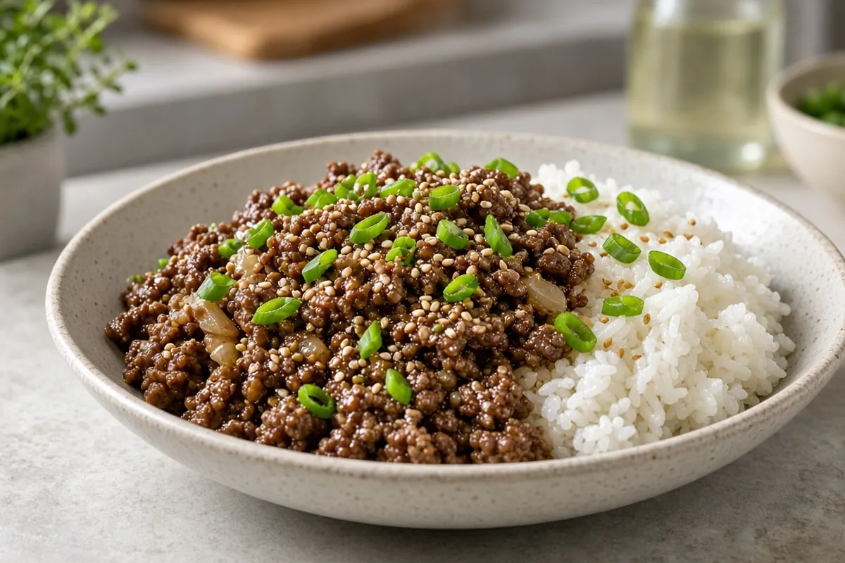 Sweet-savory ground beef over rice in a bowl