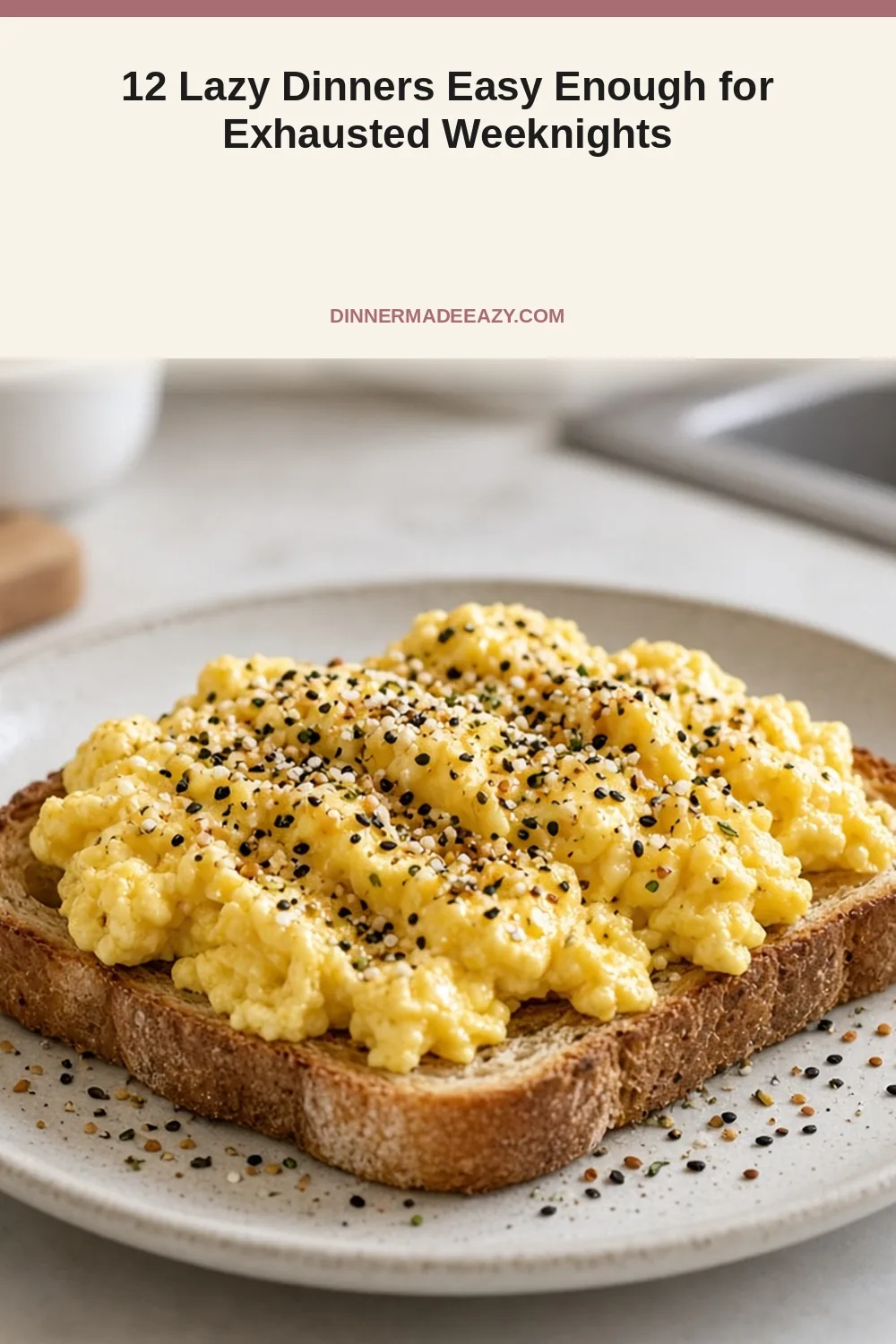 Vertical photo of bagel scrambled eggs dinner