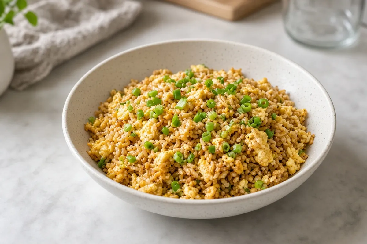 Fried rice with eggs and peas in a skillet