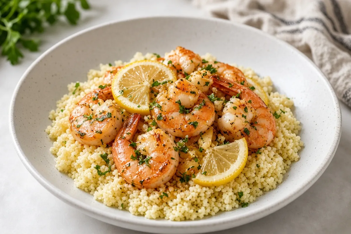 Lemon garlic shrimp over couscous with broccoli