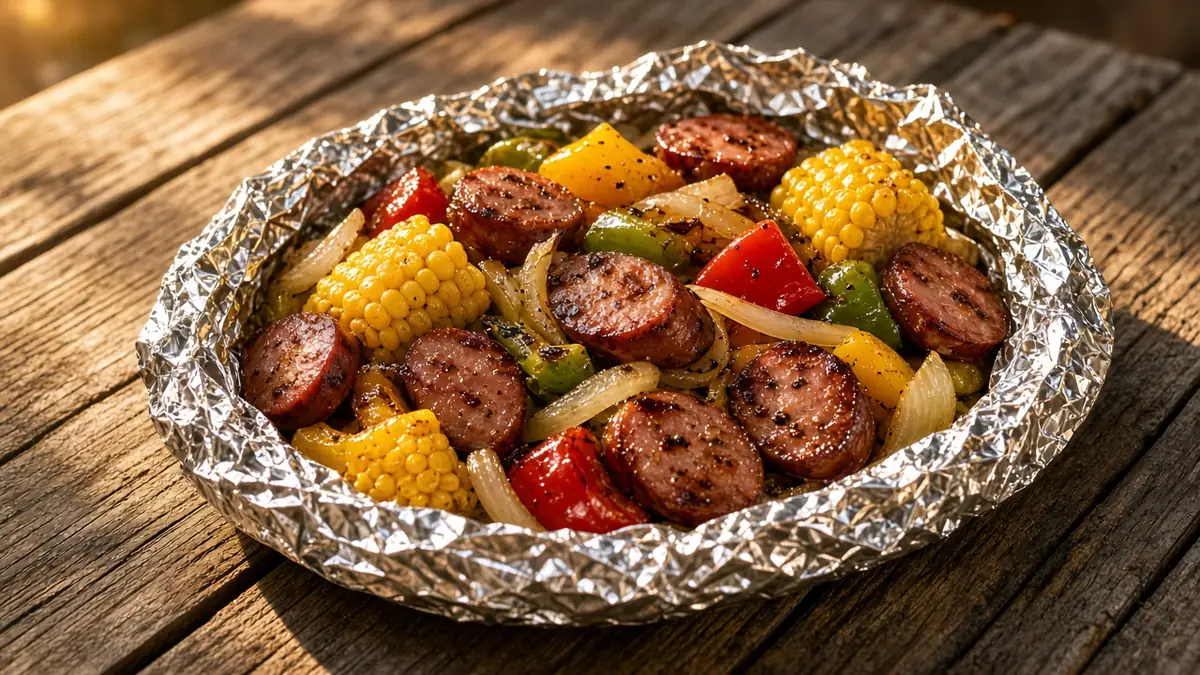 Grill-packet sausage peppers corn