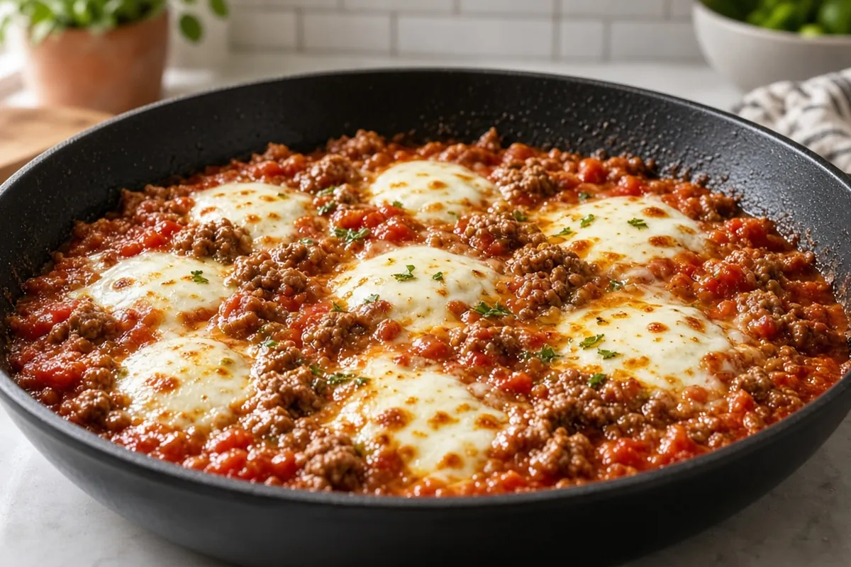 Ground beef marinara skillet topped with melted mozzarella