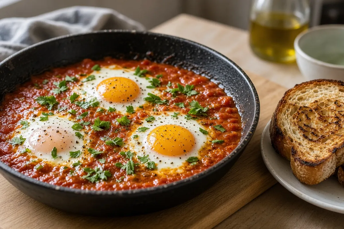 Eggs baked in marinara sauce in a skillet