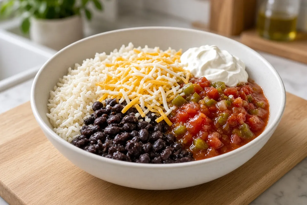 Microwave rice burrito bowl with beans cheese and salsa