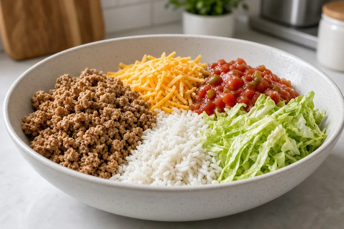 Deconstructed turkey taco rice bowl with separate toppings