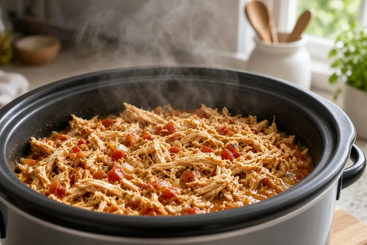 Chicken taco filling with tortillas and toppings
