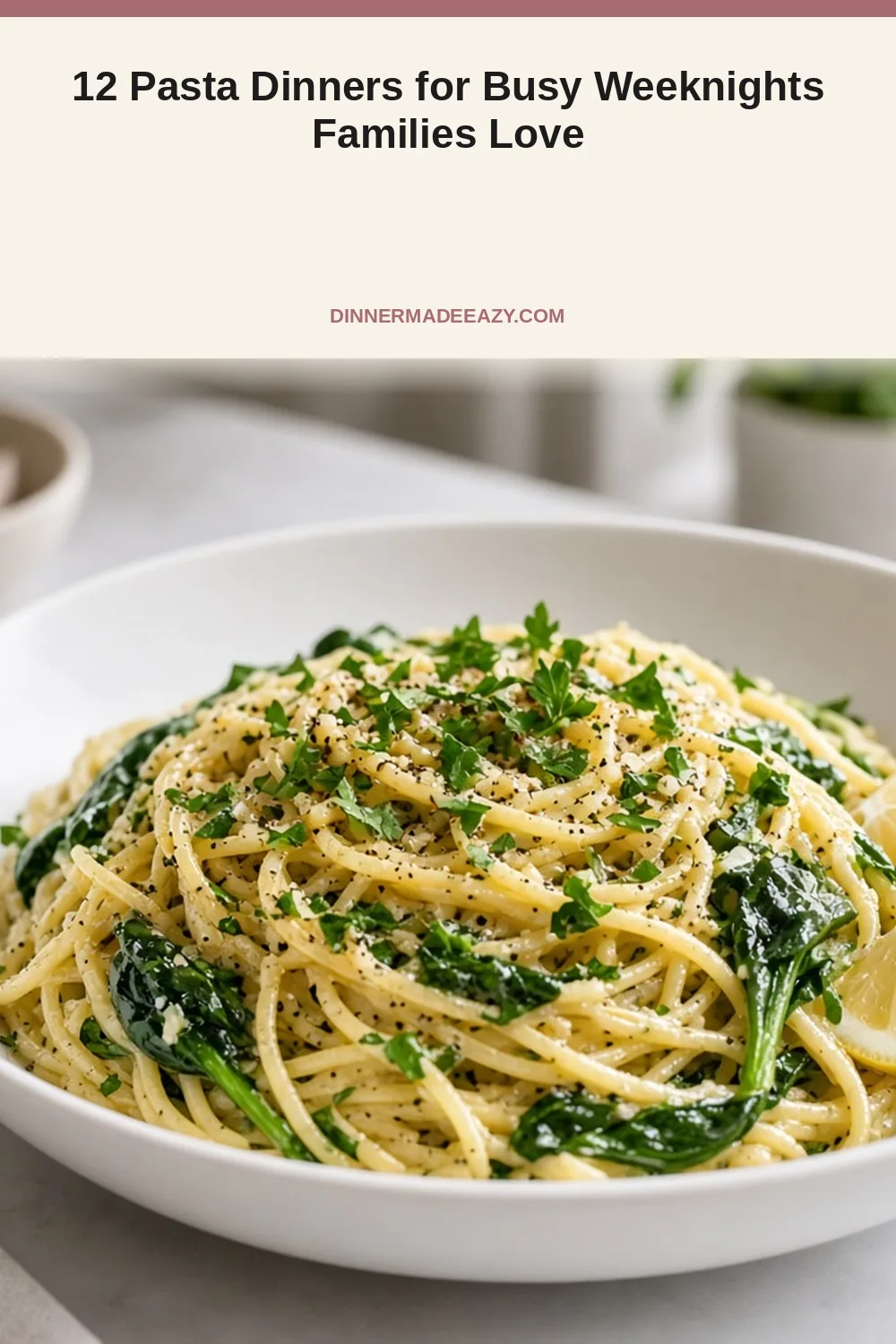 Vertical photo of garlic lemon spaghetti dinner