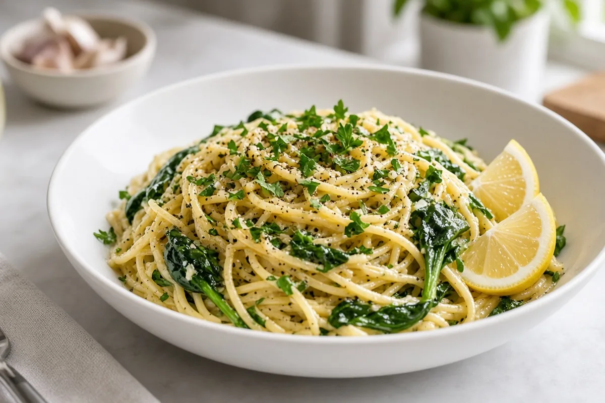 Lemon garlic spaghetti with spinach