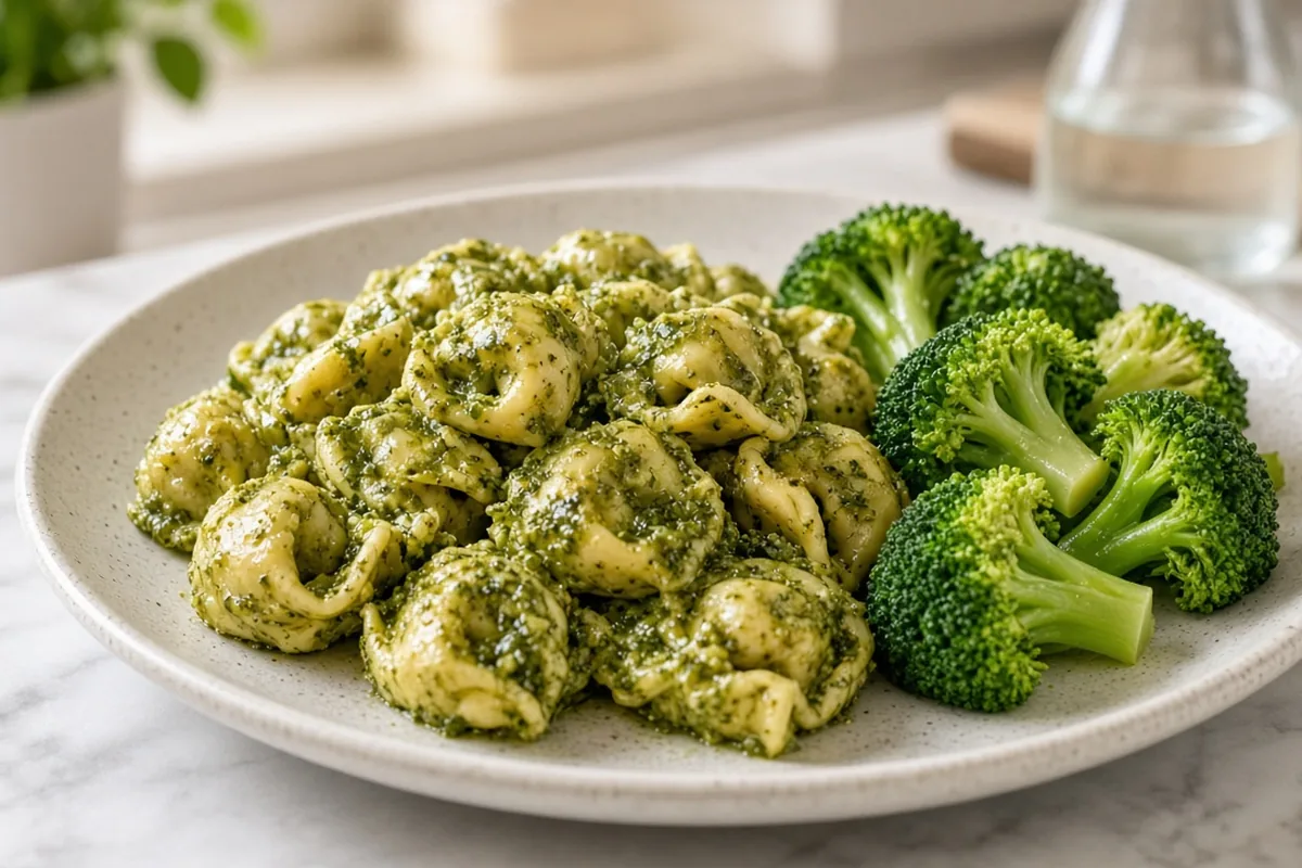 Pesto tortellini plated with steamed broccoli