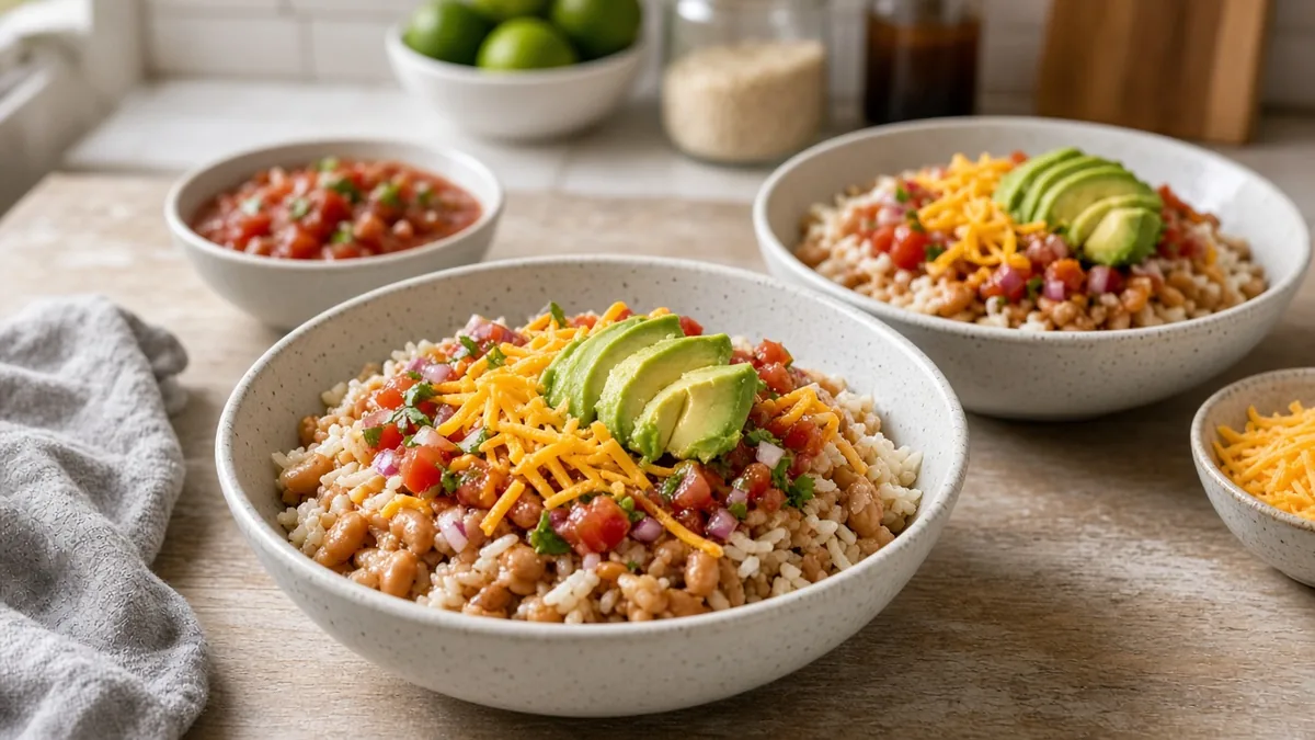 Rotisserie chicken burrito bowl with rice and salsa