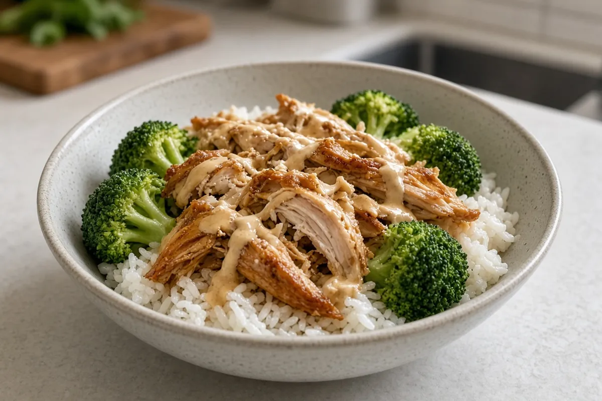 Rotisserie chicken rice bowl with broccoli and cheese