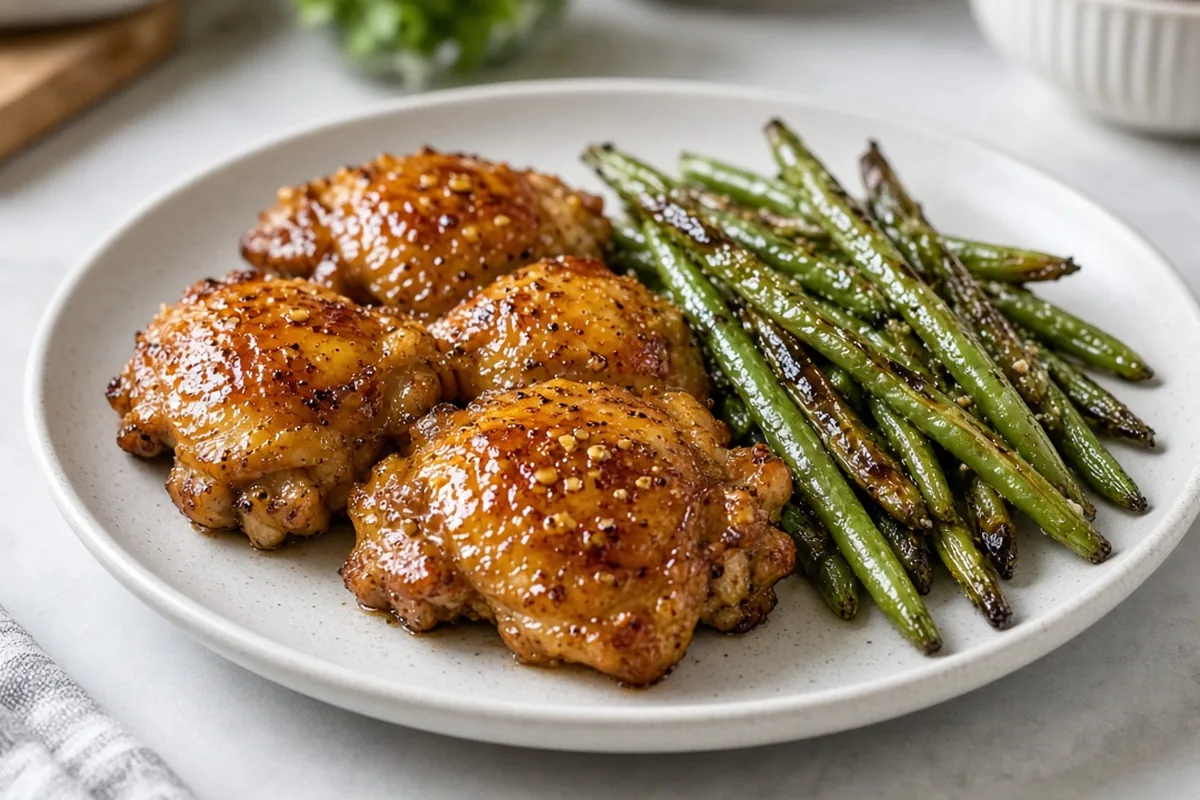 Honey mustard chicken over rice with green beans