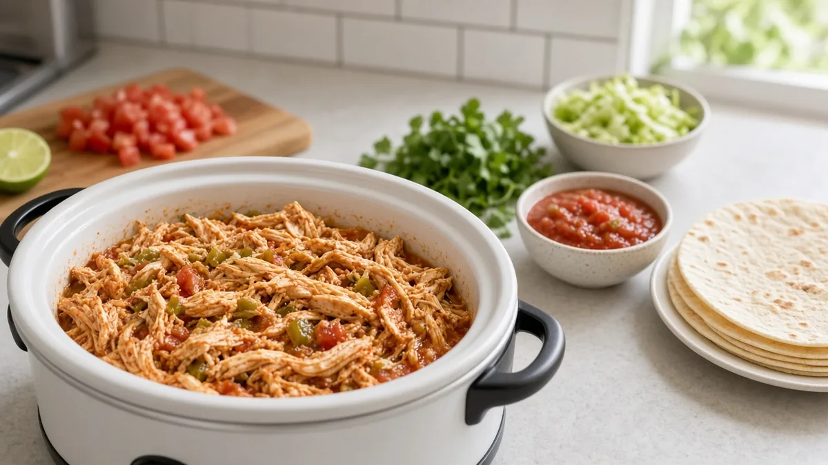 Shredded salsa chicken in a slow cooker bowl