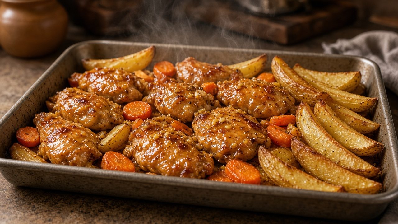Sheet-pan honey-garlic chicken with roasted carrots and potatoes