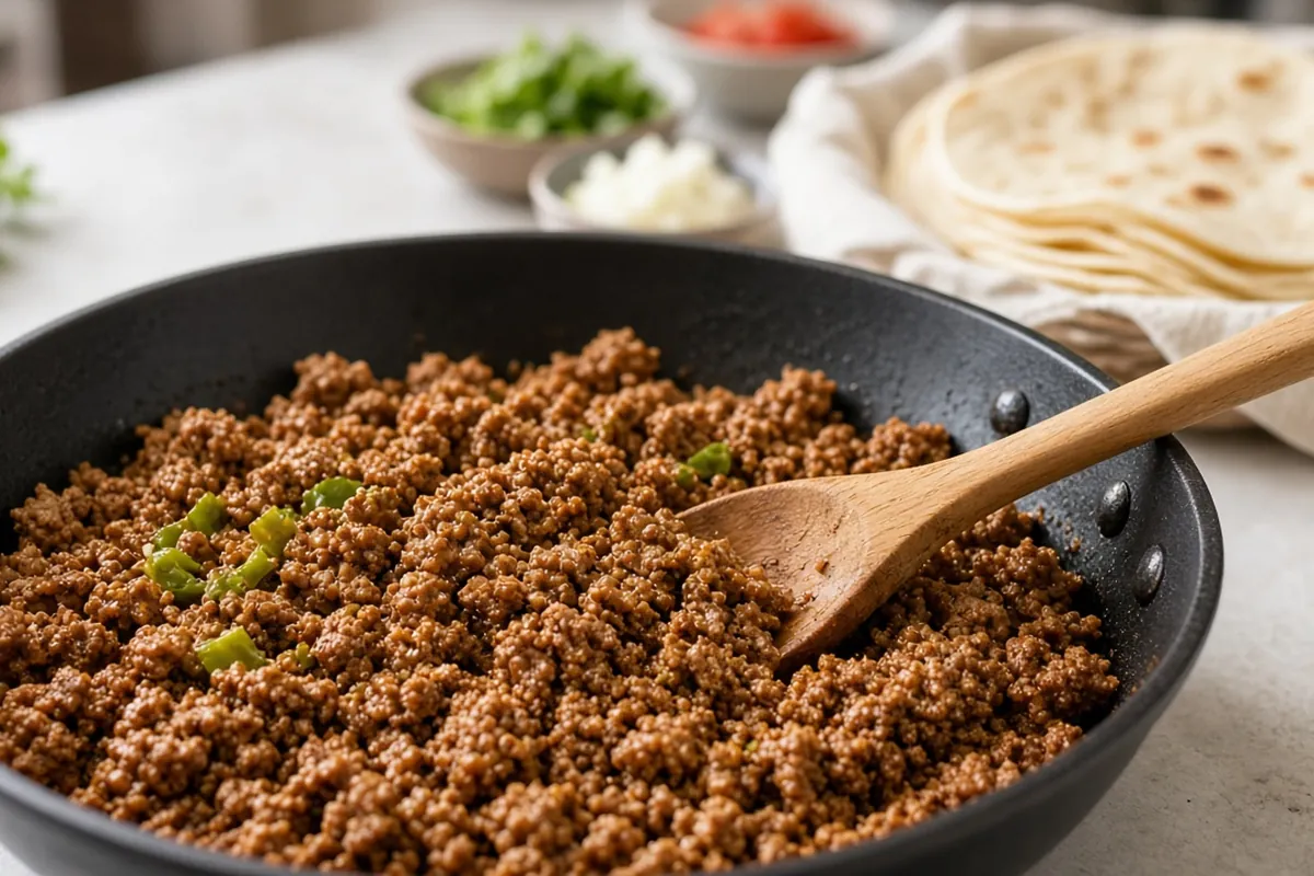 One pound taco beef in a skillet with toppings nearby