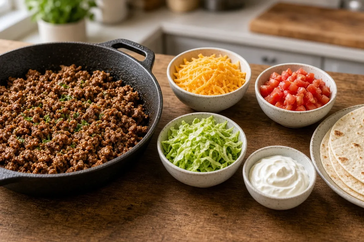 Taco meat toppings bar with cheese lettuce salsa sour cream