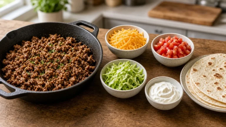 Skillet taco meat with tortillas and colorful toppings bar