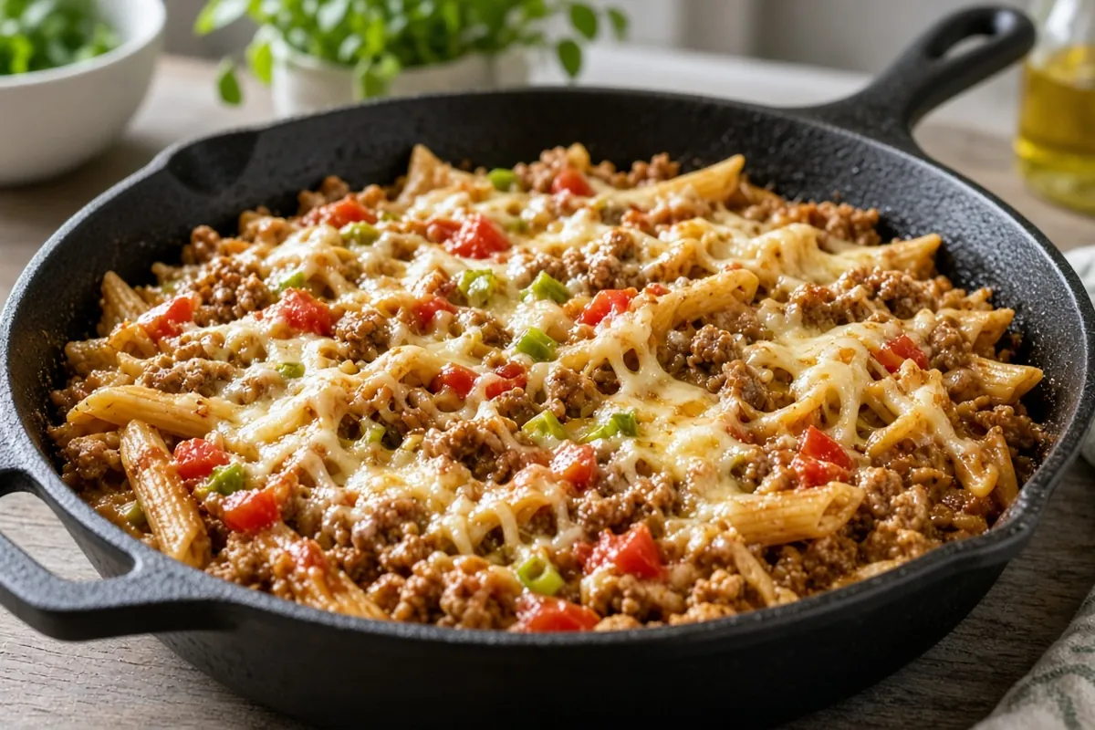 Turkey taco pasta in a skillet with cheese on top