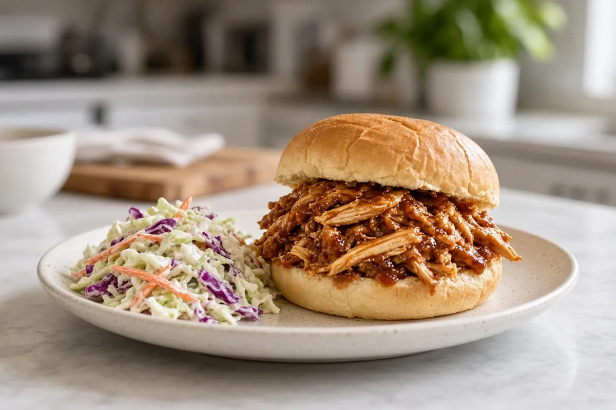 BBQ pulled chicken sandwich with coleslaw
