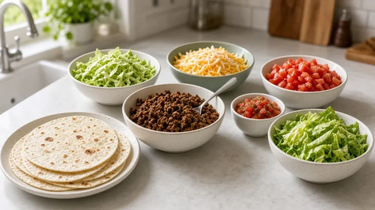 Soft taco bar with meat tortillas and toppings bowls