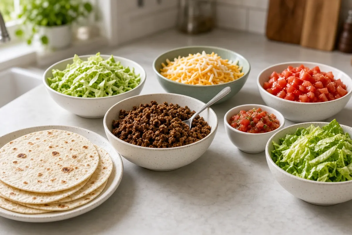 Taco toppings bar with cheese lettuce salsa sour cream