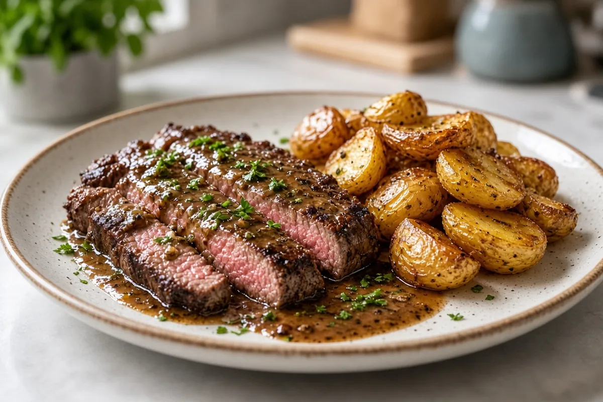 Plated steak dinner