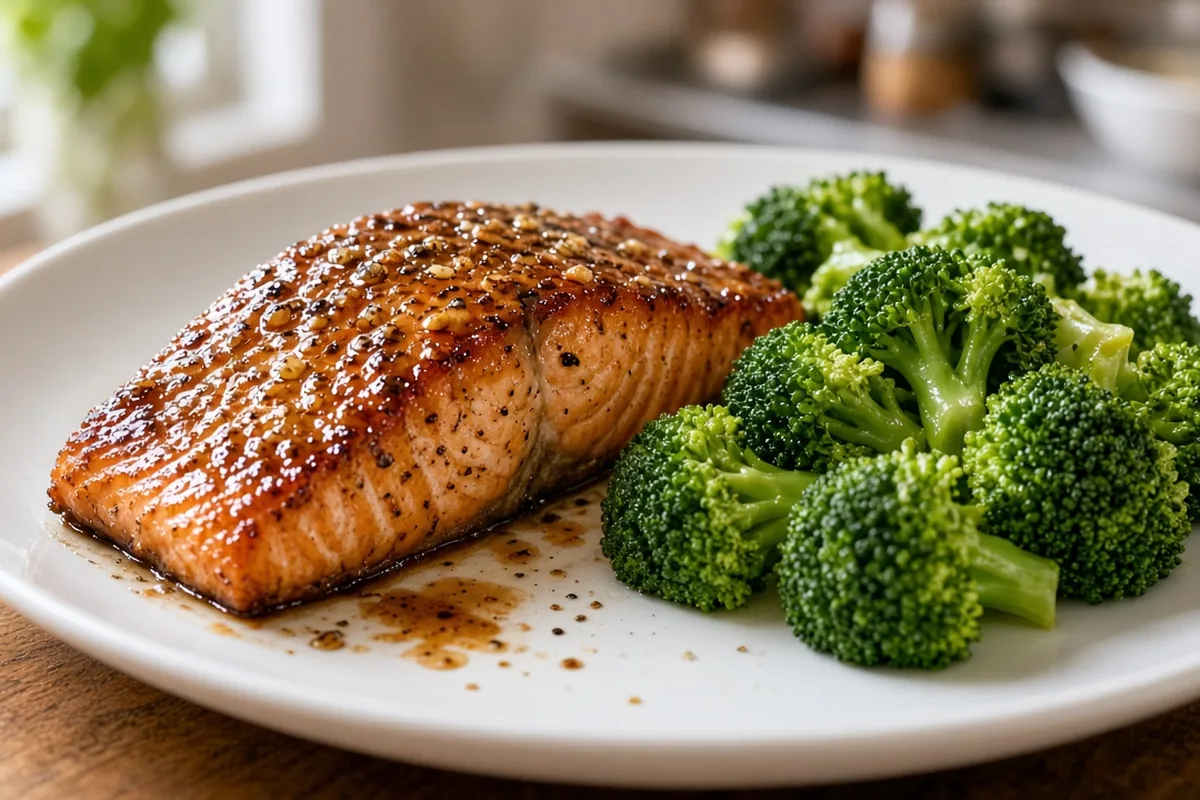 Teriyaki salmon with broccoli and rice