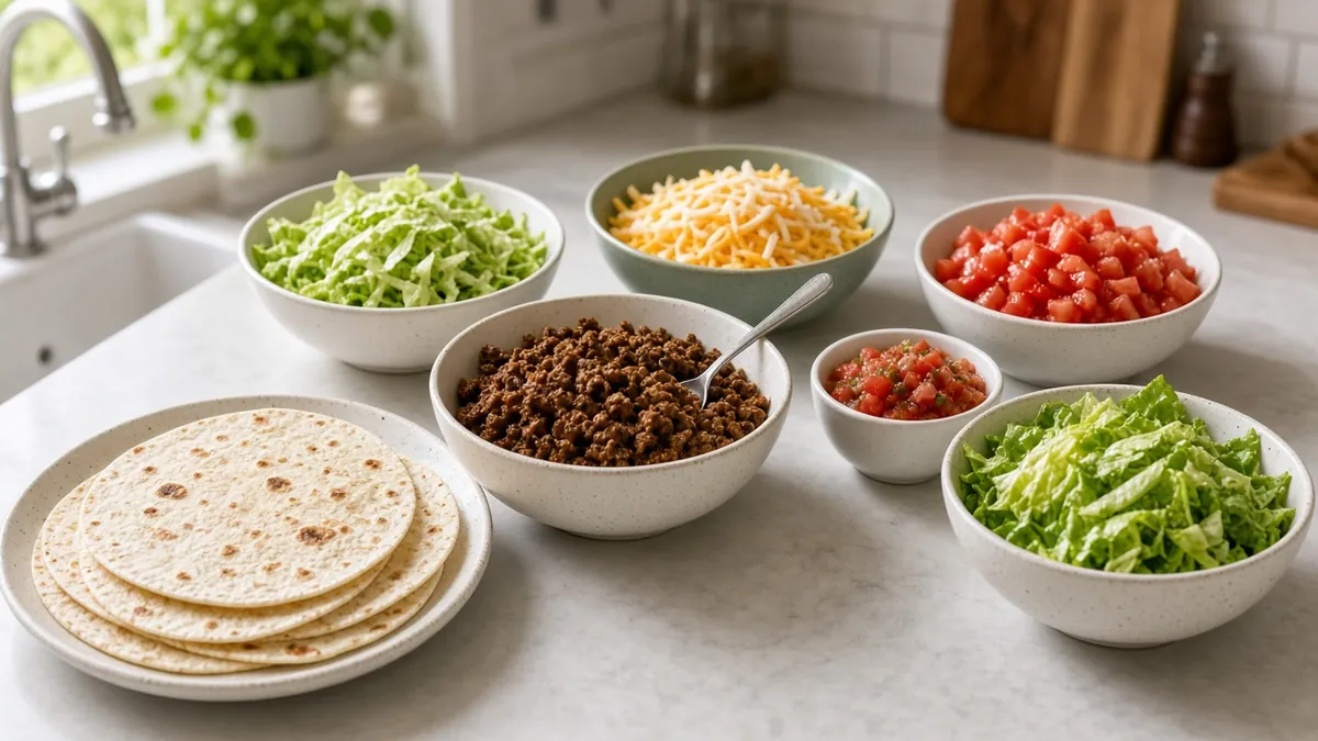 Turkey taco skillet with tortillas and toppings bar
