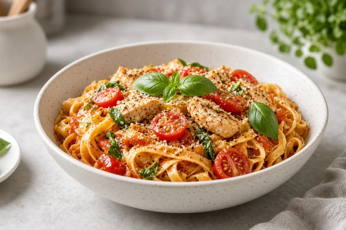 Tomato-basil chicken pasta plated in a bowl