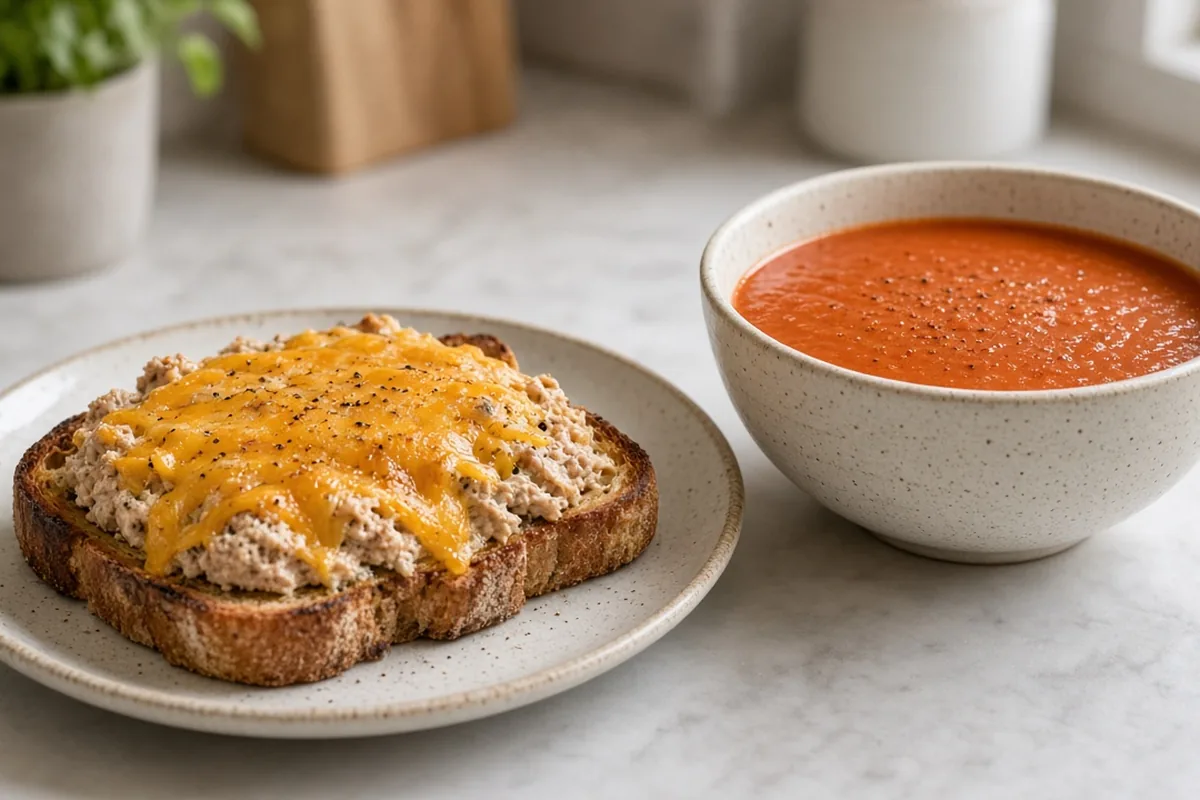 Tuna melt open-face beside tomato soup