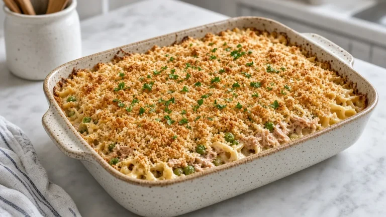 Classic tuna noodle casserole in a baking dish