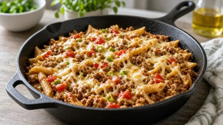 Skillet of turkey taco pasta with melted cheddar