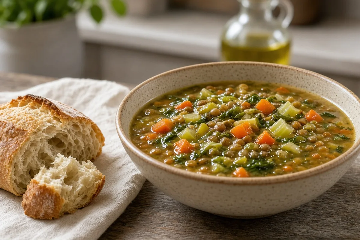 Vegetable lentil soup in a mug