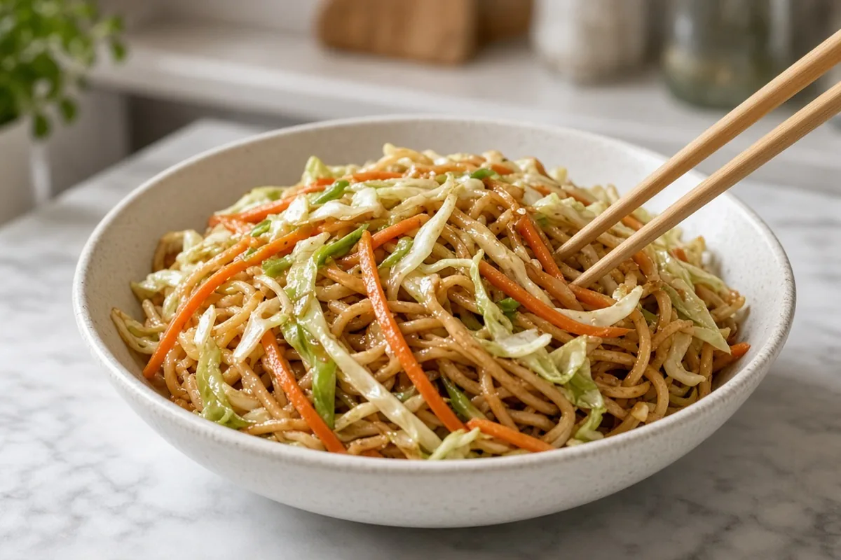 Veggie lo mein with slaw