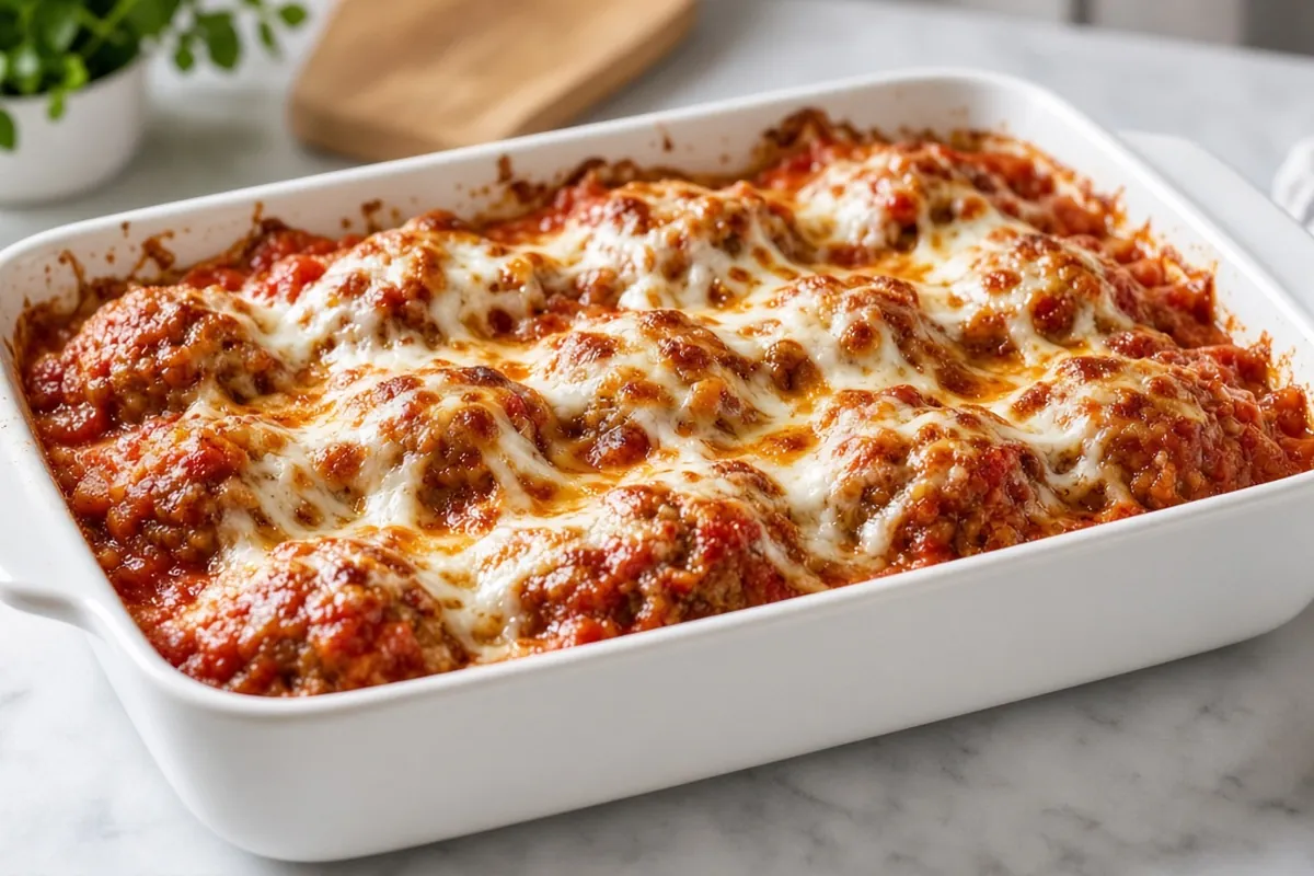 Baked meatballs in marinara with melted mozzarella