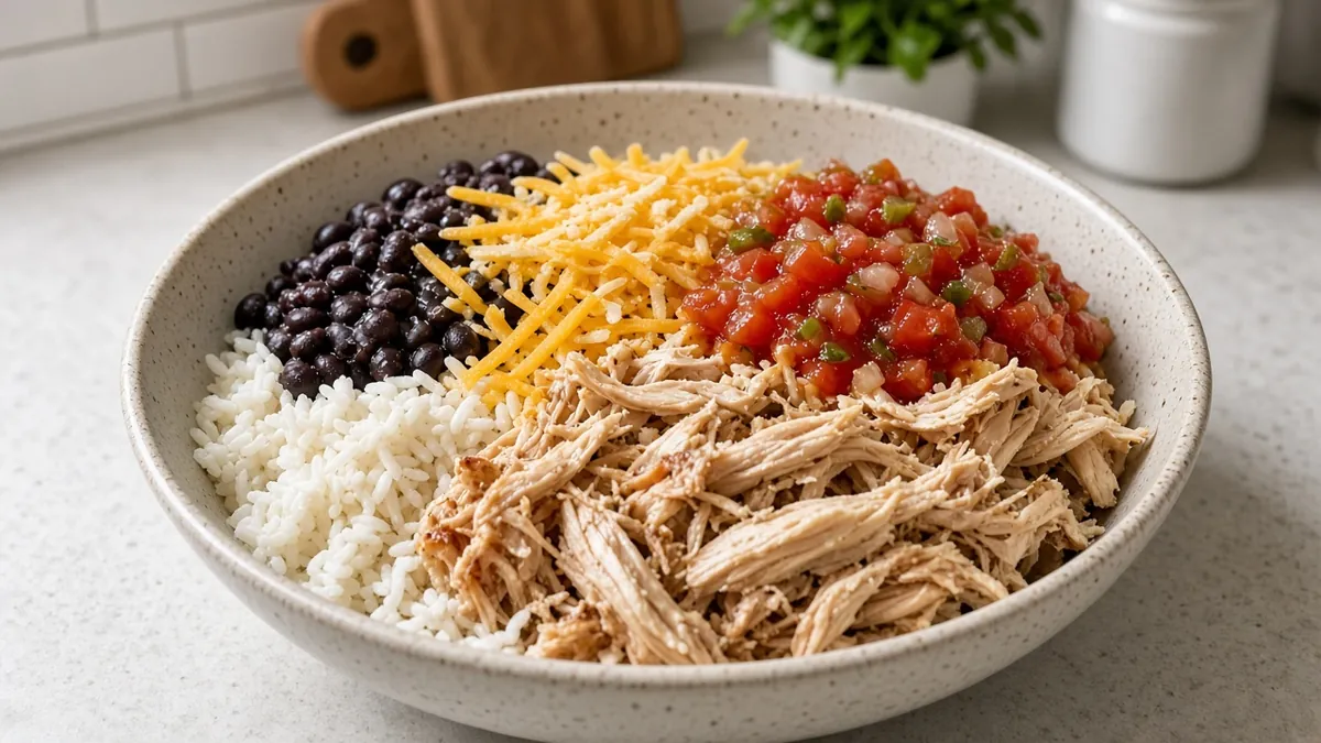 Shredded rotisserie chicken dinner with tortillas and toppings