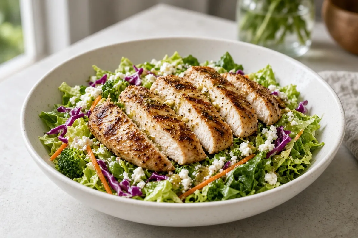 Salad kit topped with warm shredded chicken
