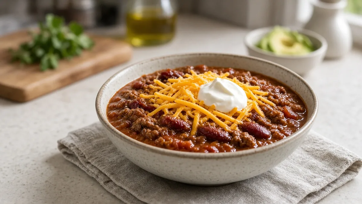 Bowl of beef and bean chili with toppings